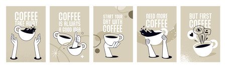Coffee take away. Set of posters. Vector illustrations of people enjoying free time, drinking coffee, for social media banners, marketing,restaurants and coffee bars ads.のイラスト素材