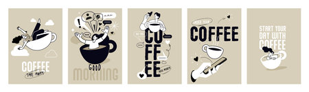 Coffee. Set of banners and posters for social media, restaurant and coffee bar advertising. Vector illustration concepts.のイラスト素材