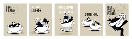 Coffee time. Set of posters. Vector illustrations of people enjoying free time, drinking coffee, daily routine for social media banners, marketing, restaurants and coffee bars ads.のイラスト素材