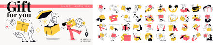 Gift for you concept illustrations. Set of people vector illustrations in various activities of e-commerce, delivery, shopping, giving or sending gifts, surprises and celebrations.のイラスト素材