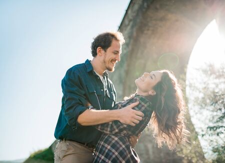 Portrait of nice lovely cute two people, stylish guy and modern girl, wearing casual clothes. Man...