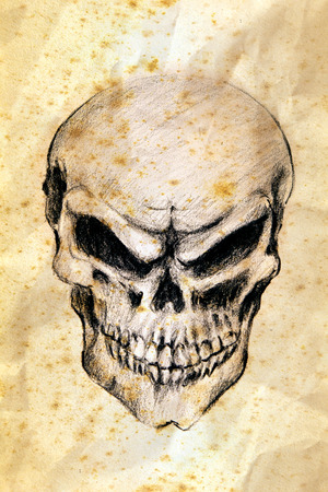 Human skull drawn with graphite pencil on the old grunge paper.の写真素材