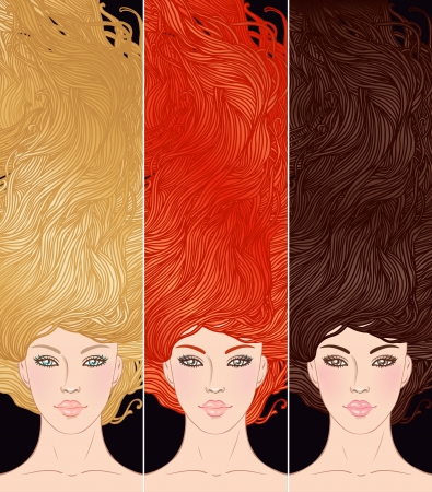 Beauty Salon  Set of portraits of pretty young woman with beautiful  hair  blonde, brunette and redhead girl illustrationのイラスト素材