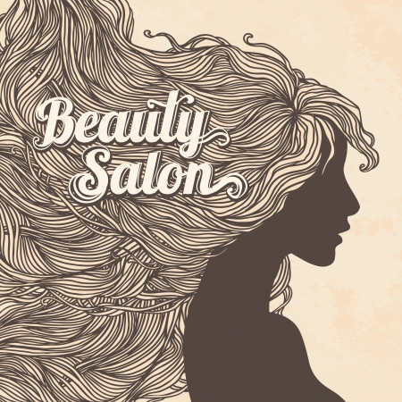Vintage Beauty Salon  Portrait of pretty young woman in profile view with long beautiful hair illustration  のイラスト素材