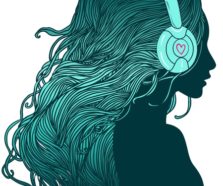 DJ girl  Profile of pretty girl with long hair in headphones のイラスト素材