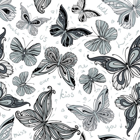Seamless vintage black and white patterned butterfly background, vector illustration のイラスト素材