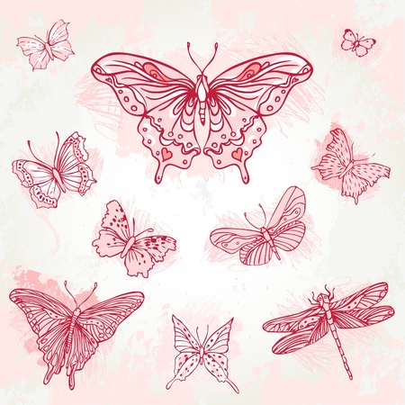 Vintage hand-drawn pink  butterflies set. Illustration.のイラスト素材