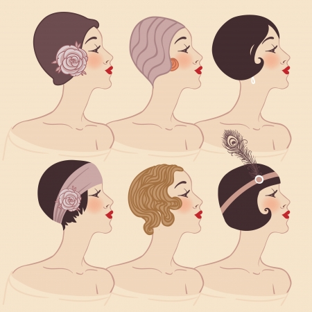 Flapper girls set: Hairstyle, headdress and makeup of 1920sのイラスト素材