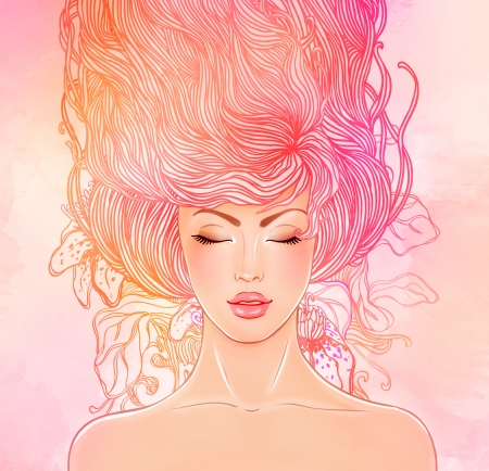 Spa: fashion beautiful woman with long pink hair の写真素材