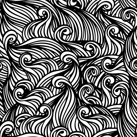 Vector seamless black and white abstract hand-drawn pattern with wavesのイラスト素材