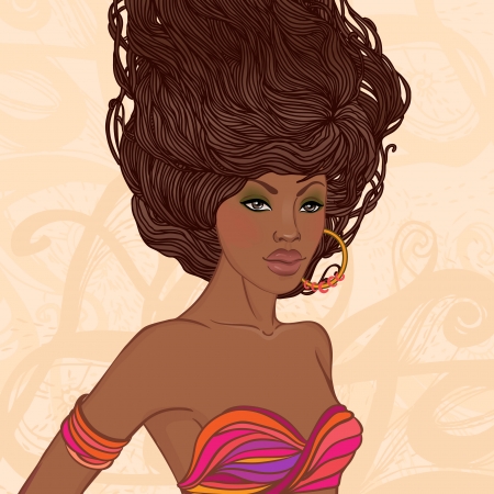 Beauty Salon: Pretty young African American woman with beautiful long hairs. Vector illustration のイラスト素材