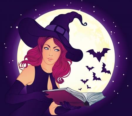 Young beautiful witch holding a magic book from which emerged flying batsのイラスト素材