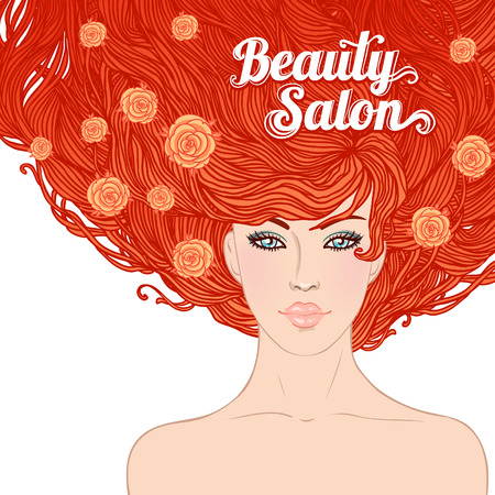 Beauty Salon: Pretty young woman with beautiful red hairs isolated on white. Vector illustration のイラスト素材