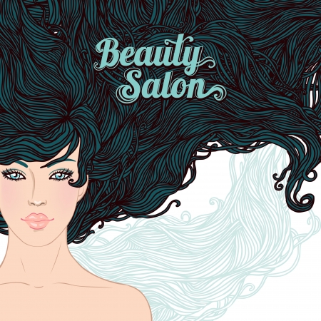 Beauty Salon: Pretty young brunette woman with beautiful long hair. Vector illustrationのイラスト素材