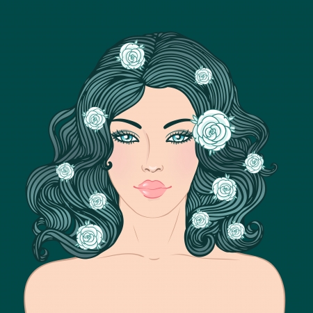 Beauty Salon: Pretty young woman with beautiful red dark hair isolated on black. Vector illustrationのイラスト素材