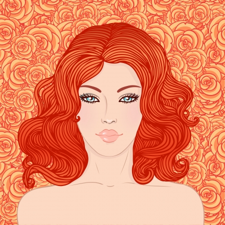 Beauty Salon: Pretty young woman with beautiful red hair on floral background. Vector illustration のイラスト素材
