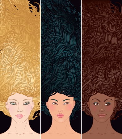 Beauty Salon: Set of portraits of pretty young woman with beautiful  hair (african-american, asian, and caucasian girl). Vector illustration
のイラスト素材