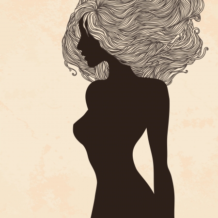 Beauty Salon: Portrait of pretty young woman in profile view with long beautiful hair. Vector illustration.のイラスト素材