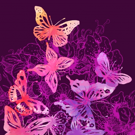 Amazing background with butterflies and flowers painted with watercolors のイラスト素材