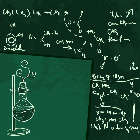 Old chemistry laboratory seamless pattern on dark green school board. Vector background のイラスト素材
