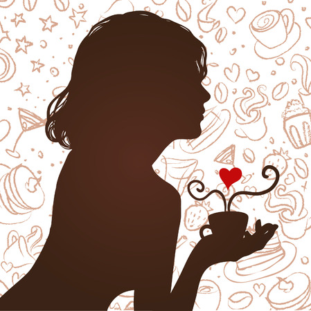 Silhouette of a girl drinking coffee with scribble backgroundのイラスト素材