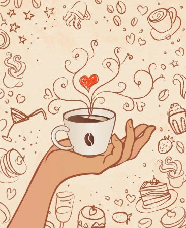 Hand drawn restaurant menu design with hands holding cup with old paper on the backgroundのイラスト素材