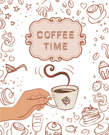 Hand drawn restaurant menu design with hands holding cupsのイラスト素材