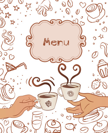 Hand drawn restaurant menu design with hands holding cupsのイラスト素材