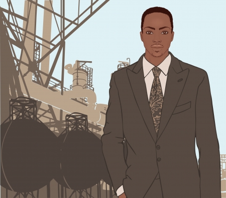 Portrait of confident african american supervisor standing standing in front of a factory and its chimneys. Vector illustration. のイラスト素材