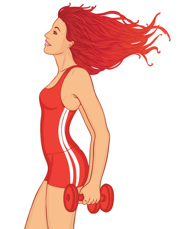 Young redhead lady doing workout with two red dumbells isolated on whiteのイラスト素材