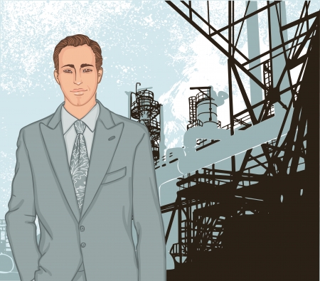 Portrait of confident young supervisor standing standing in front of a factory and its chimneys. Vector illustration. のイラスト素材