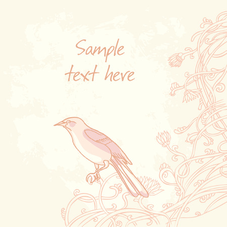 Cute floral greeting card with bird, floral backgroundのイラスト素材