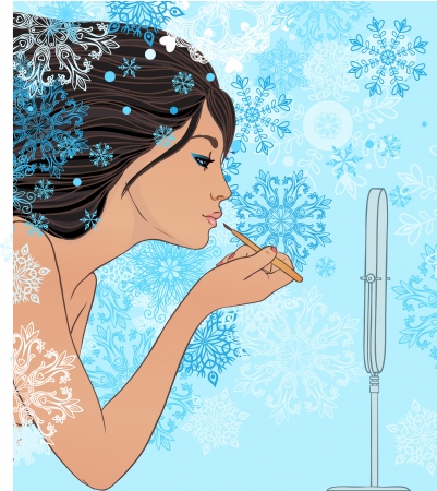 Winter makeup: beautiful girl applying lip gloss with brush in front of the mirror. Vector illustration のイラスト素材
