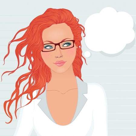 Pretty student girl with long red hair ponders, looks up at the speech bubble, vector illustration.のイラスト素材