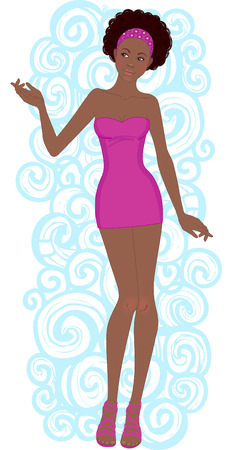Beautiful African American woman in pink mini dressのイラスト素材