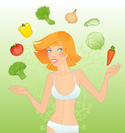 Veggie girl juggling vegetablesのイラスト素材