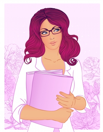 Young attractive in eyeglasses woman holding books. Vector illustration. のイラスト素材