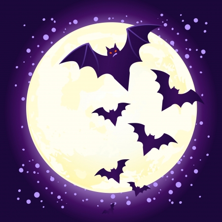 Halloween illustration: cute vector bat flying against full moon のイラスト素材