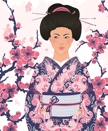 Beautiful japanese woman in kimono (traditional dress),  on pink floral sakura background のイラスト素材