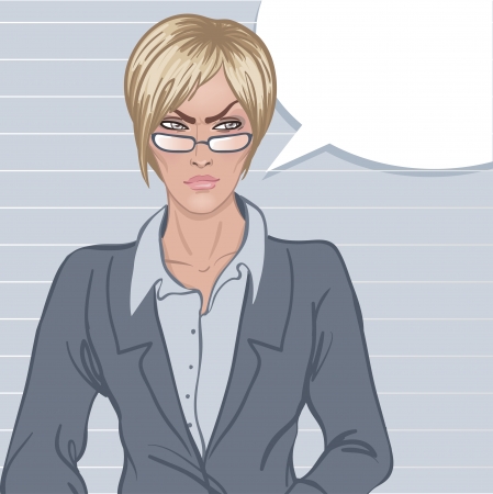Strict Boss: Angry upset young business woman with blank speech bubble on white on gray background. Vector illustration. のイラスト素材