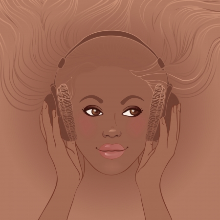 Illustration of african american beautiful girl listening music in headphonesのイラスト素材