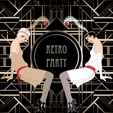 Flapper girl: Retro party invitation design. Vector illustration. Great Gatsby style.のイラスト素材