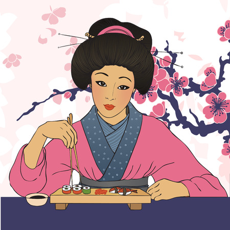 Traditional japanese pretty girl enjoy sushi. Vector illustration. Menu template のイラスト素材