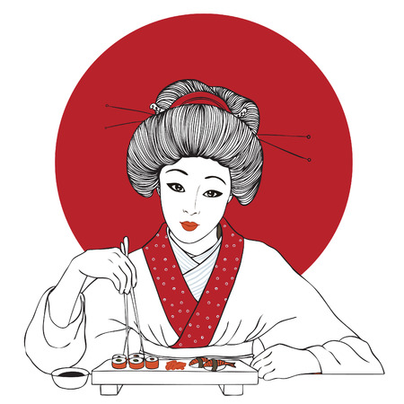 Traditional japanese pretty girl enjoy sushi. Vector illustration. Menu template のイラスト素材