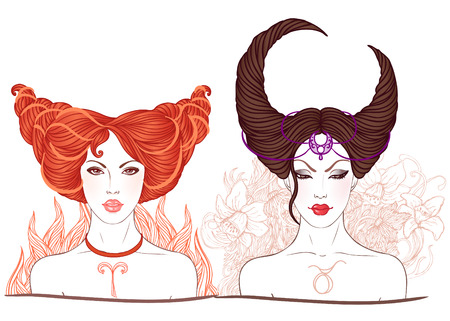Zodiac beautiful girls faces set . Ariesのイラスト素材