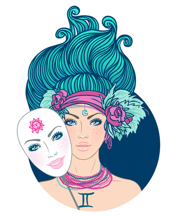 Illustration of gemini zodiac sign as a beautiful girl. Vector. (Young woman with sad expression holding a mask expressing cheerfulness)のイラスト素材