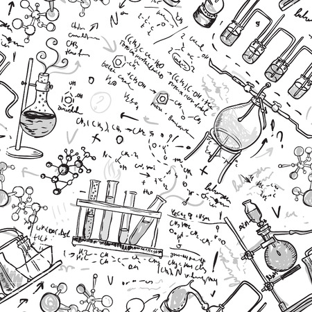 Old chemistry laboratory seamless pattern. Vector background in vintage style の写真素材