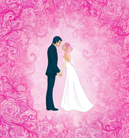 Pink wedding background with couple and flowers, vector illustrationの写真素材
