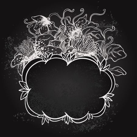 Vector illustration of floral design on blackboard. Stylish concept decoration for a restaurant, coffeehouse, coffee shop menu, wedding invitationのイラスト素材