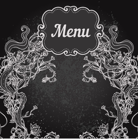 Vector illustration of floral design on blackboard. Stylish concept decoration for a restaurant, coffeehouse, coffee shop menu, wedding invitationのイラスト素材